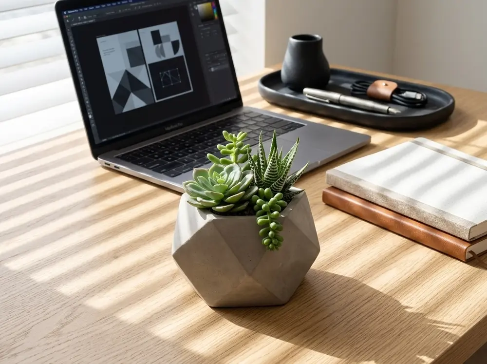Small best desk plants arrangement on a clean workspace desk.